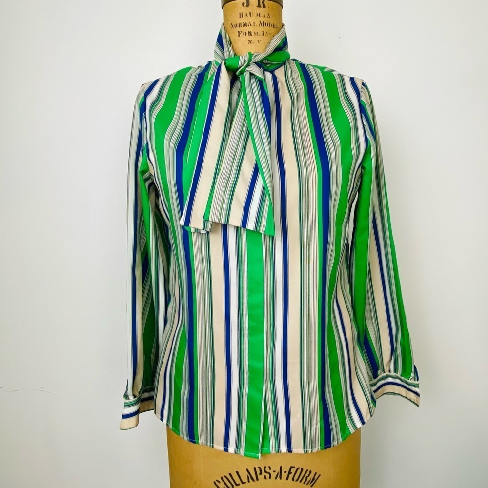 Vintage Striped Tie Neck Blouse by Personal, 1970s Women's Secretary Blouse